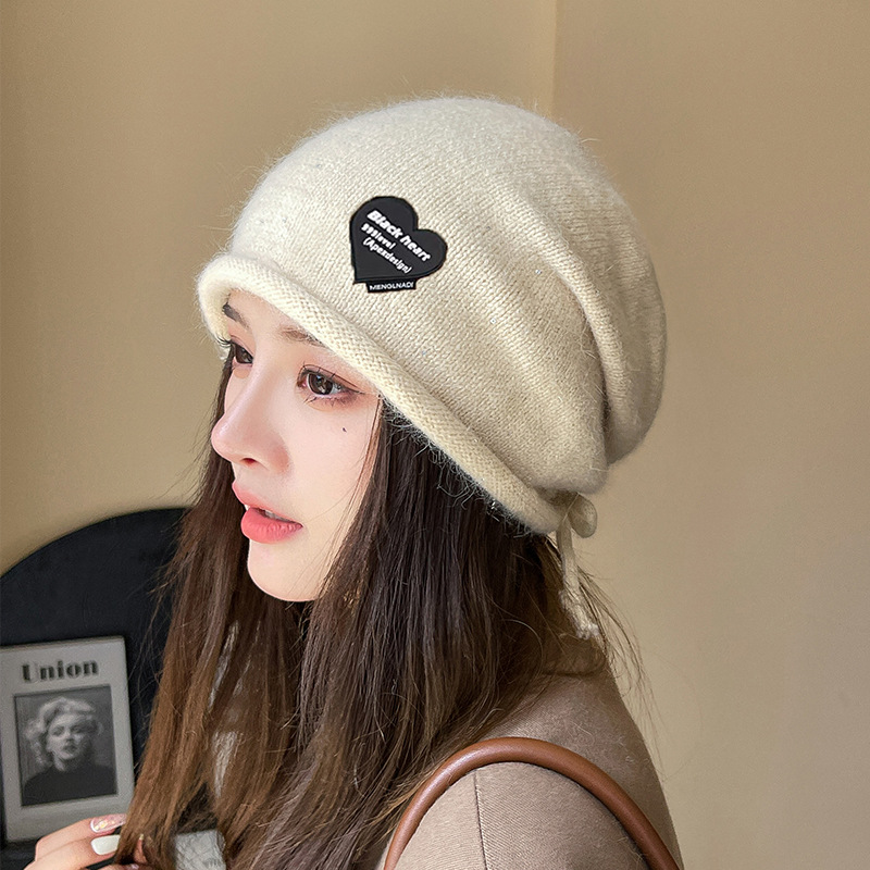 Fashion Beige Rabbit Fur Knitted Love Patch Pullover Hat