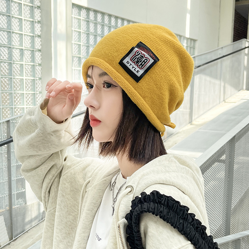 Fashion Yellow Wool Knitted Patch Pullover Hat
