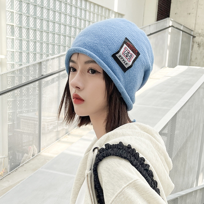 Fashion Blue Wool Knitted Patch Pullover Hat