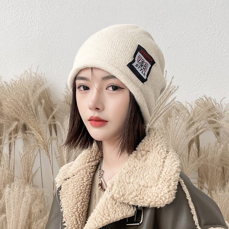 Fashion Beige Wool Knitted Patch Pullover Hat