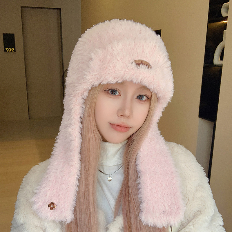 Fashion Pink Polyester Plush Label Pullover Hat