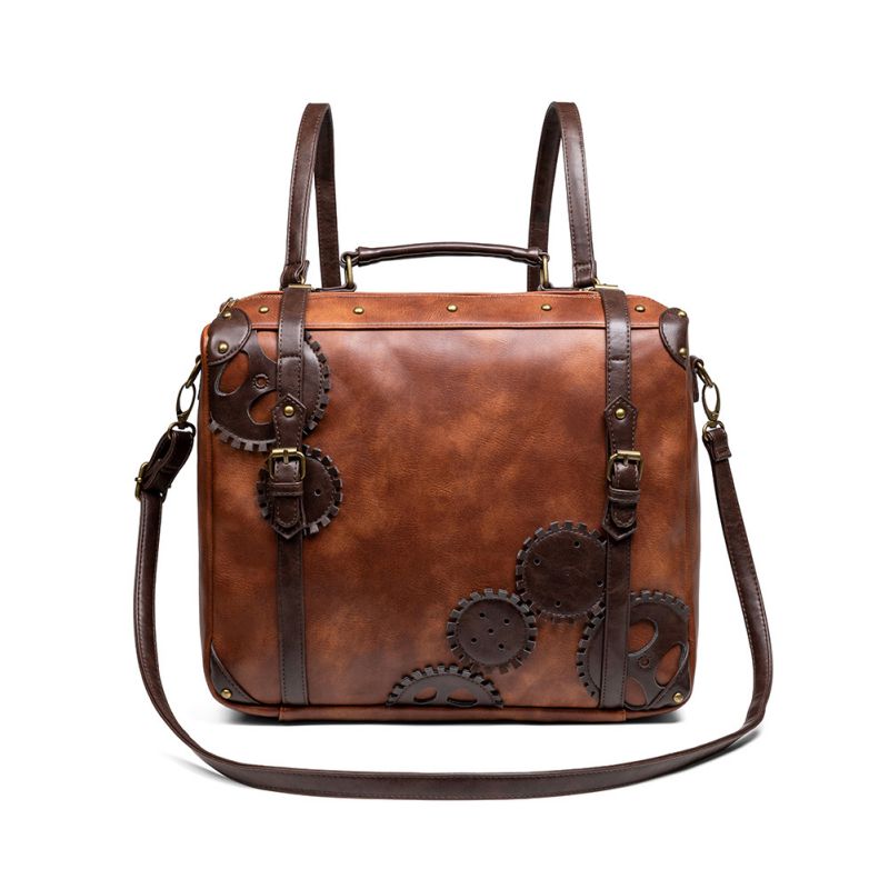 Fashion Brown Pu Large Capacity Contrast Color Backpack