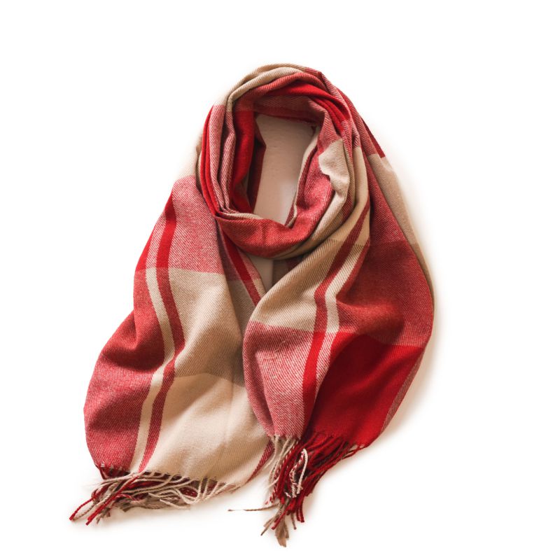 Fashion Red Faux Cashmere Plaid Fringed Scarf