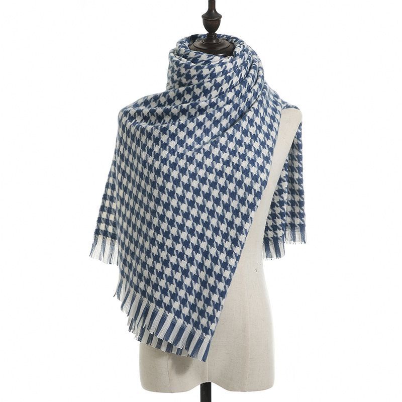 Fashion Houndstooth Blue Faux Cashmere Houndstooth Scarf
