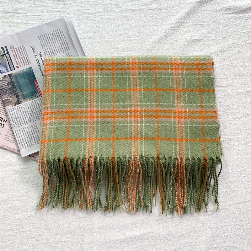 Fashion Colored Grass Green Sheep Check Fringed Scarf
