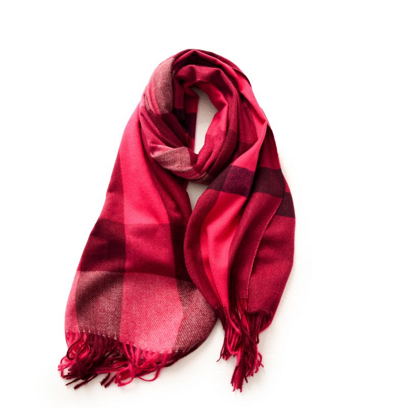 Fashion Rose Red. Sheep Check Fringed Scarf