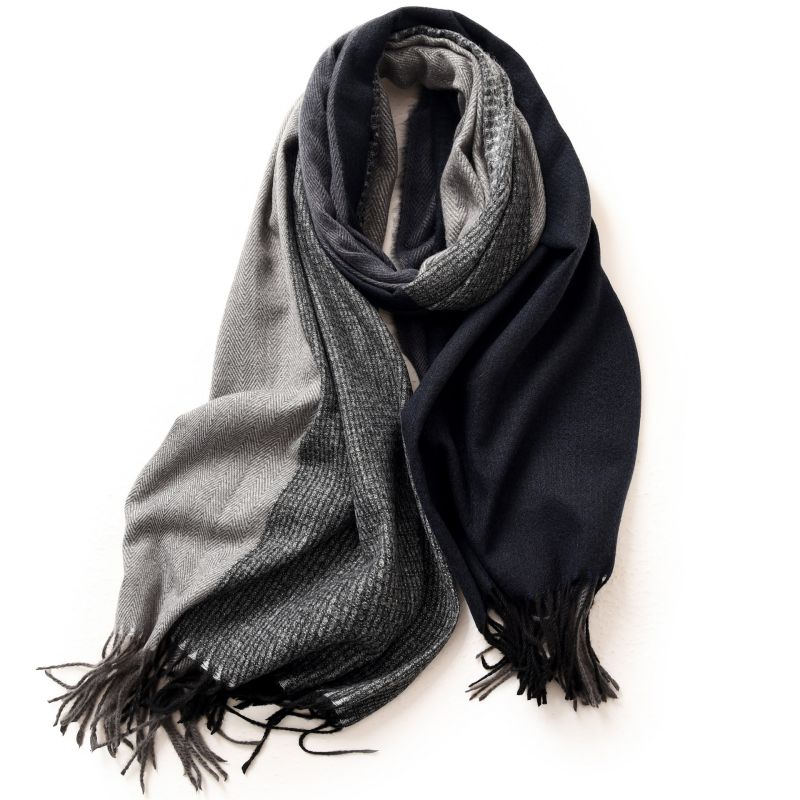 Fashion Navy Blue. Faux Cashmere Colorblock Fringed Scarf