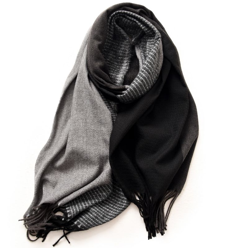 Fashion Black And Gray. Faux Cashmere Colorblock Fringed Scarf