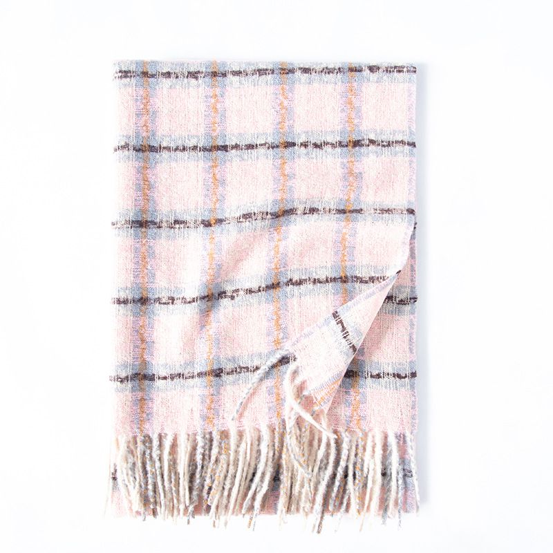 Fashion Pink Square Faux Cashmere Plaid Fringed Scarf