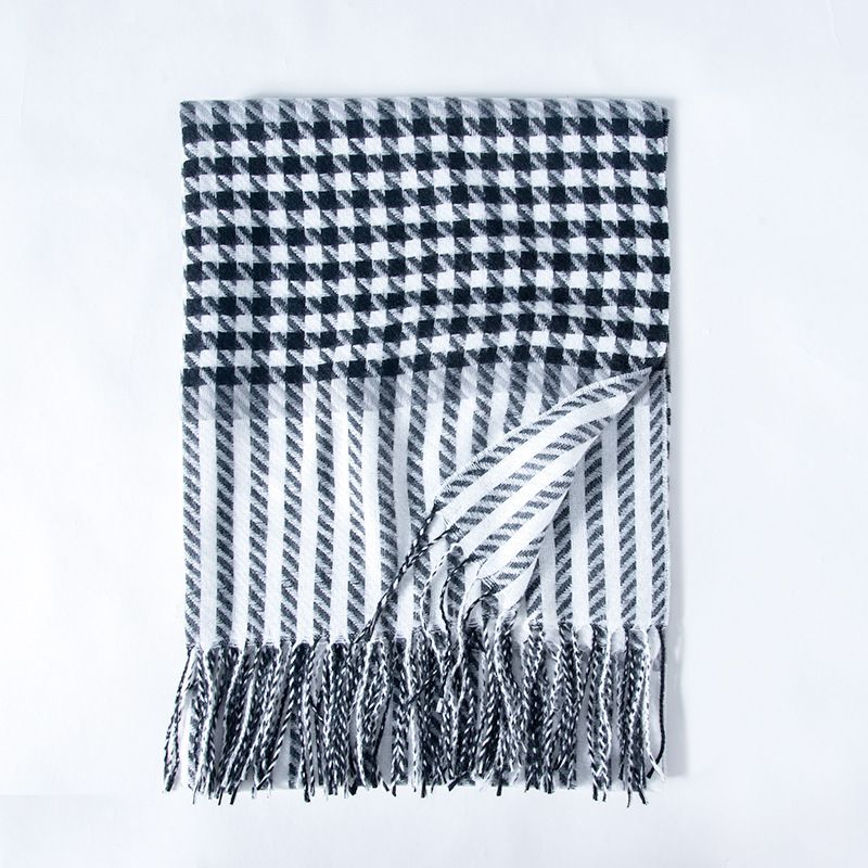 Fashion Black And White Faux Cashmere Houndstooth Fringed Scarf