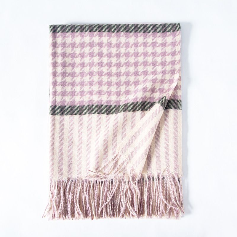 Fashion Purple Pink Faux Cashmere Houndstooth Fringed Scarf