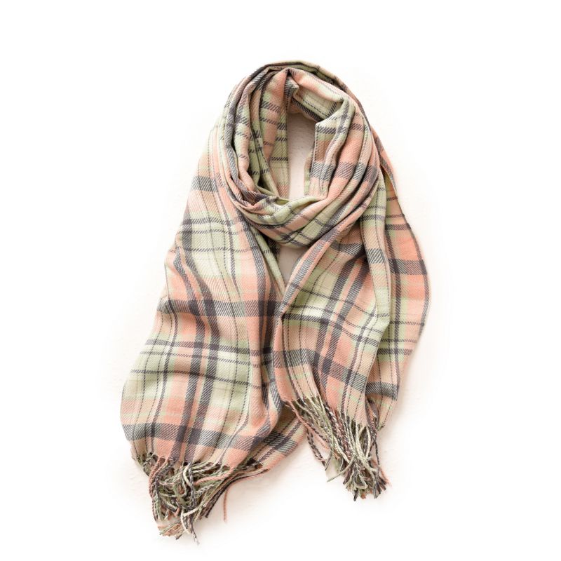 Fashion Pink Green Faux Cashmere Plaid Fringed Scarf