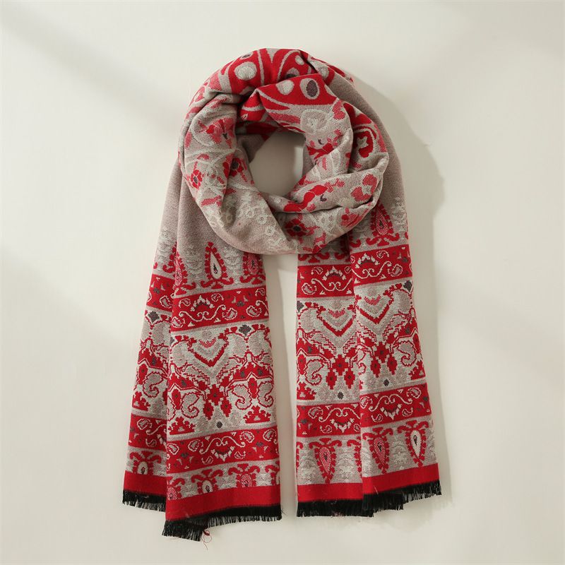 Fashion Ethnic Style - Red. Faux Cashmere Printed Reversible Scarf