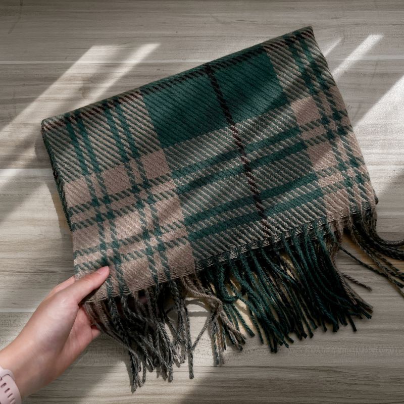 Fashion Large Twill-forest Green Faux Cashmere Plaid Fringed Scarf