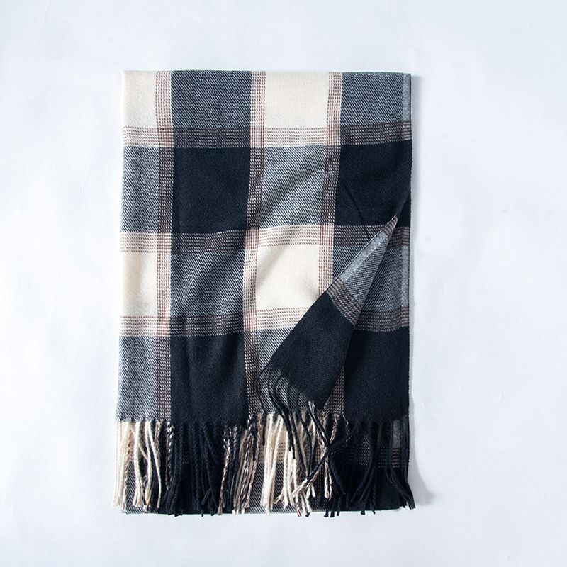 Fashion Black And Gray Checkered Faux Cashmere Plaid Fringed Scarf