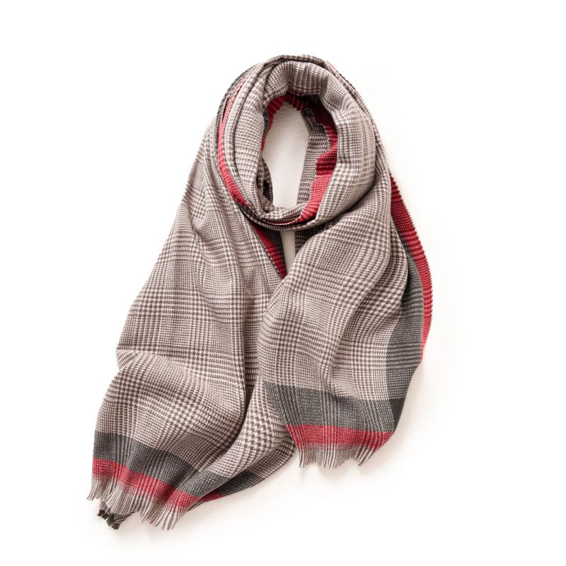 Fashion Red Edge Pink Checkered. Faux Cashmere Plaid Fringed Scarf