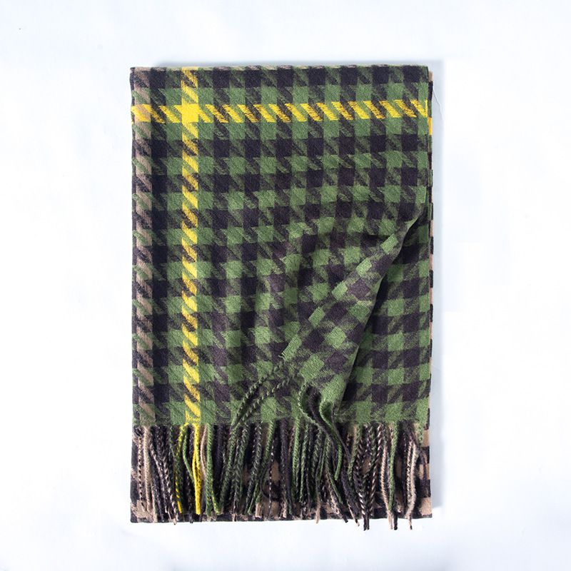 Fashion Green Houndstooth Faux Cashmere Plaid Fringed Scarf