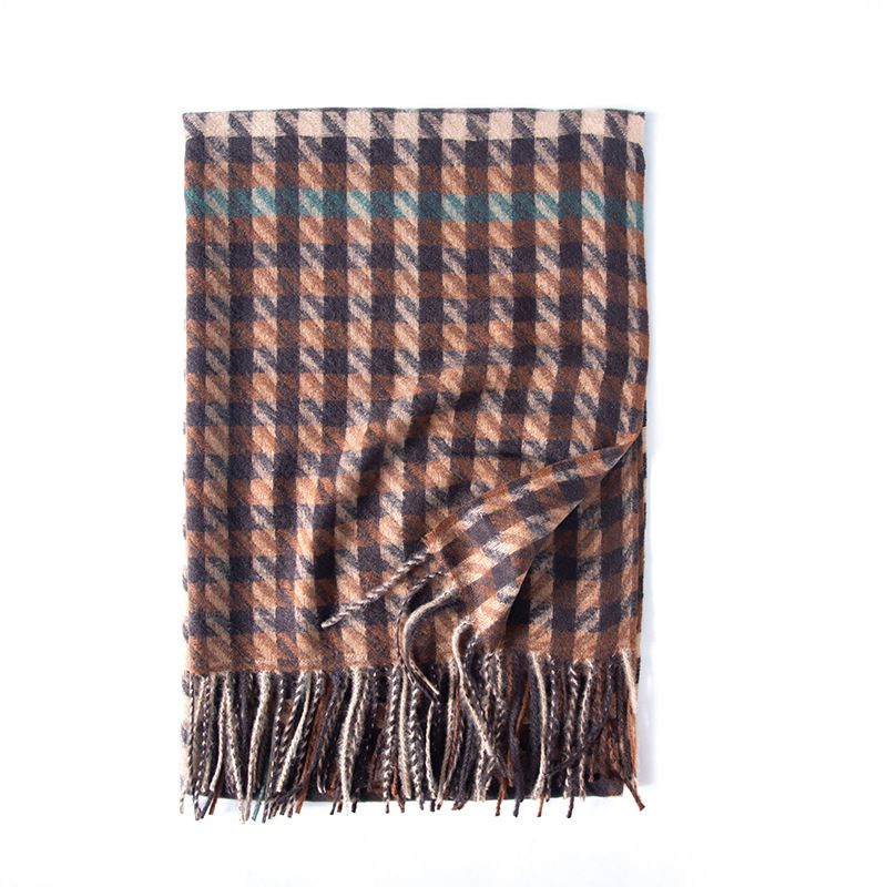 Fashion Brown Houndstooth Faux Cashmere Plaid Fringed Scarf