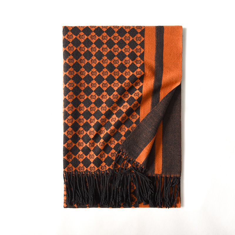 Fashion Orange Black Faux Cashmere Printed Fringed Scarf