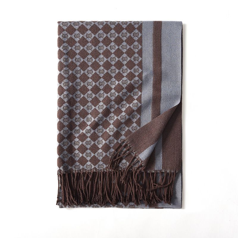 Fashion Blue Brown Faux Cashmere Printed Fringed Scarf