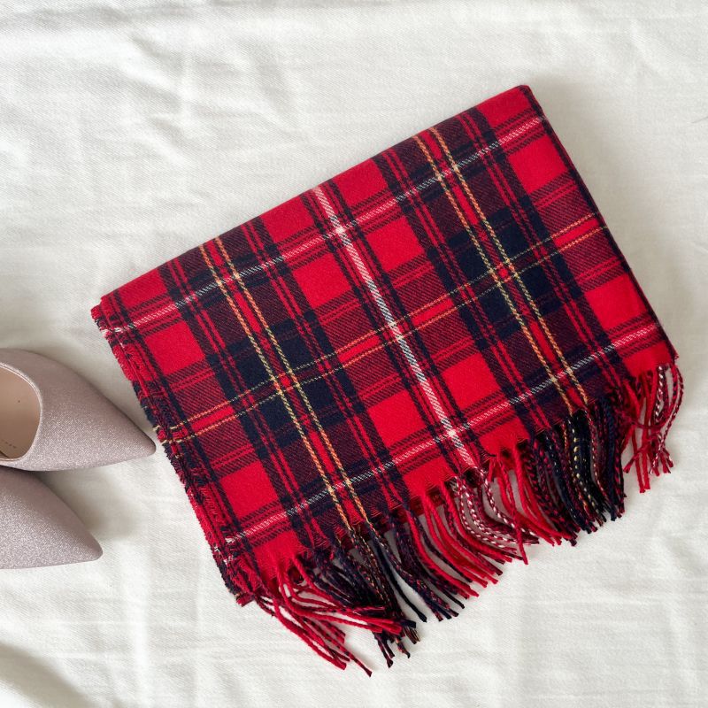 Fashion Red Faux Cashmere Plaid Fringed Scarf