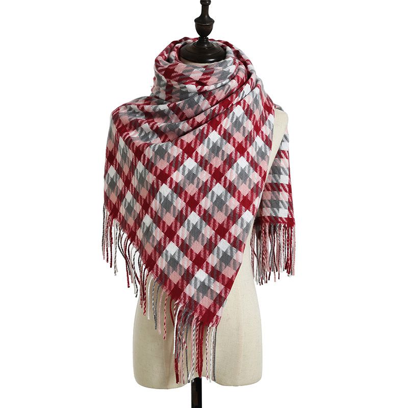 Fashion Red Polyester Houndstooth Fringed Scarf