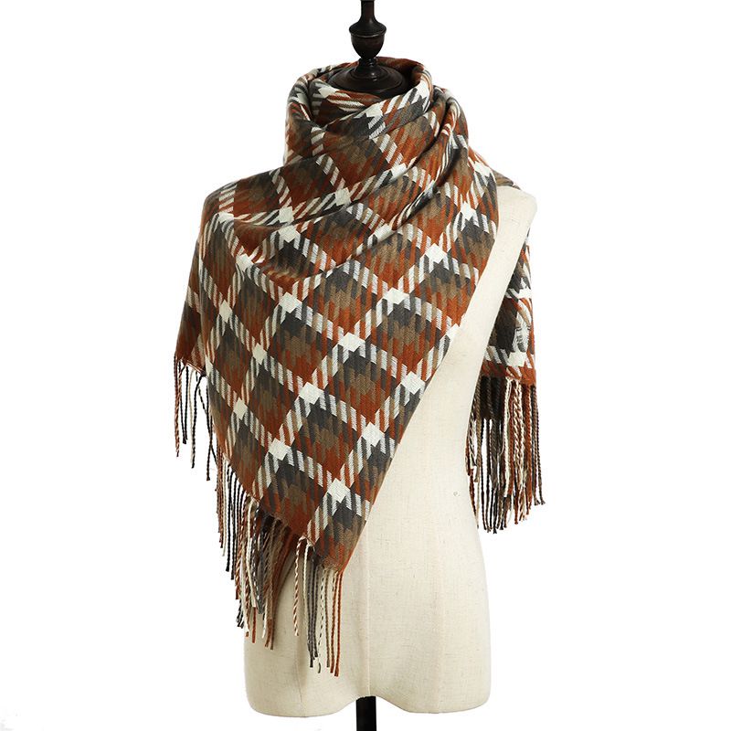 Fashion Camel Polyester Houndstooth Fringed Scarf