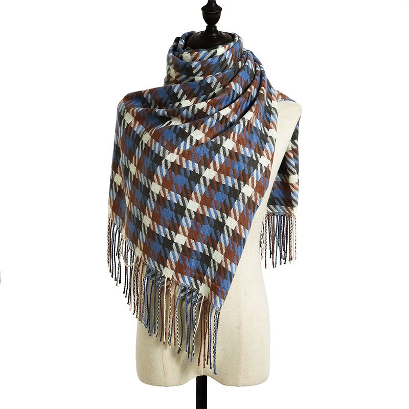 Fashion Blue Camel Polyester Houndstooth Fringed Scarf