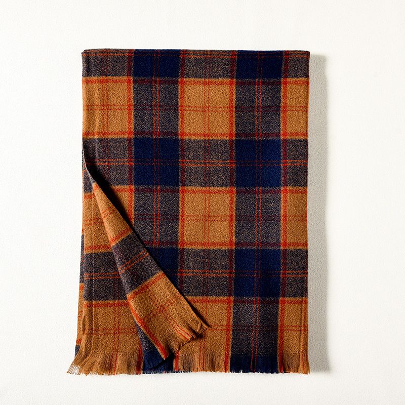 Fashion Brown And Blue Plaid Color Matching Faux Cashmere Plaid Fringed Scarf