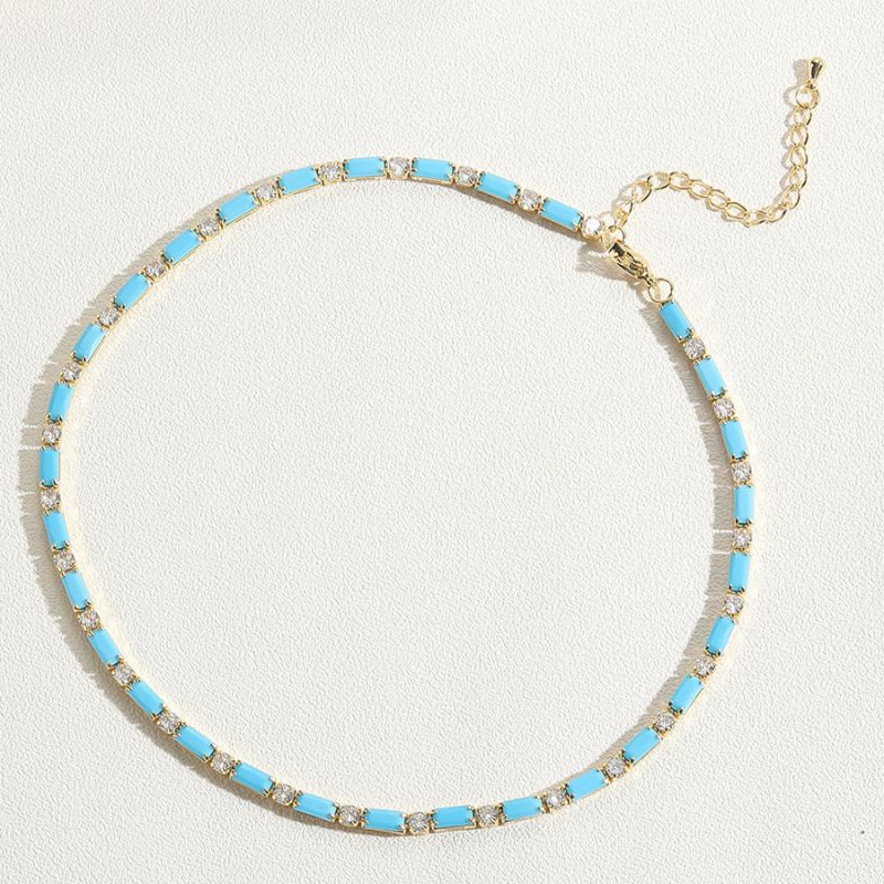 Fashion Earthy Blue Zircon Necklace Copper And Diamond Geometric Bead Necklace