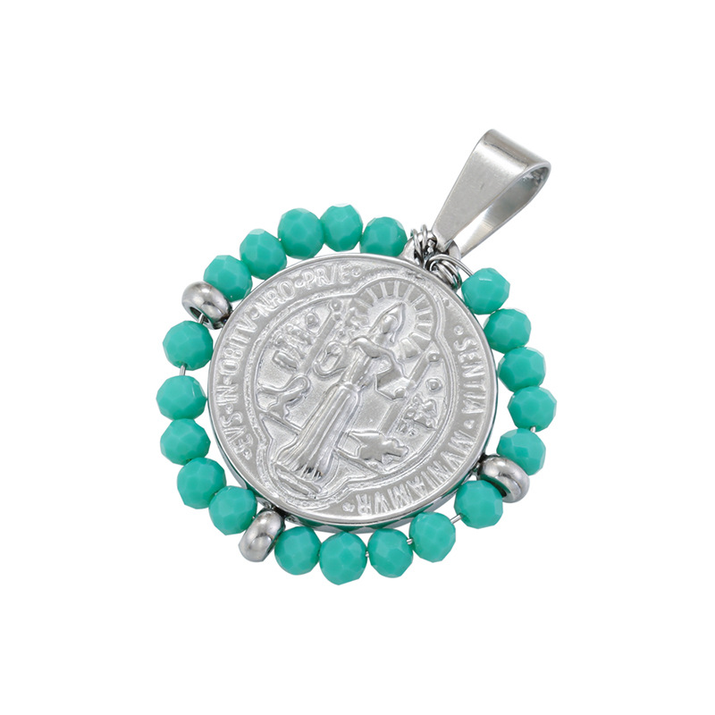 Fashion White Gold Green Crystal Stainless Steel Crystal Beaded Cameo Portrait Pendant