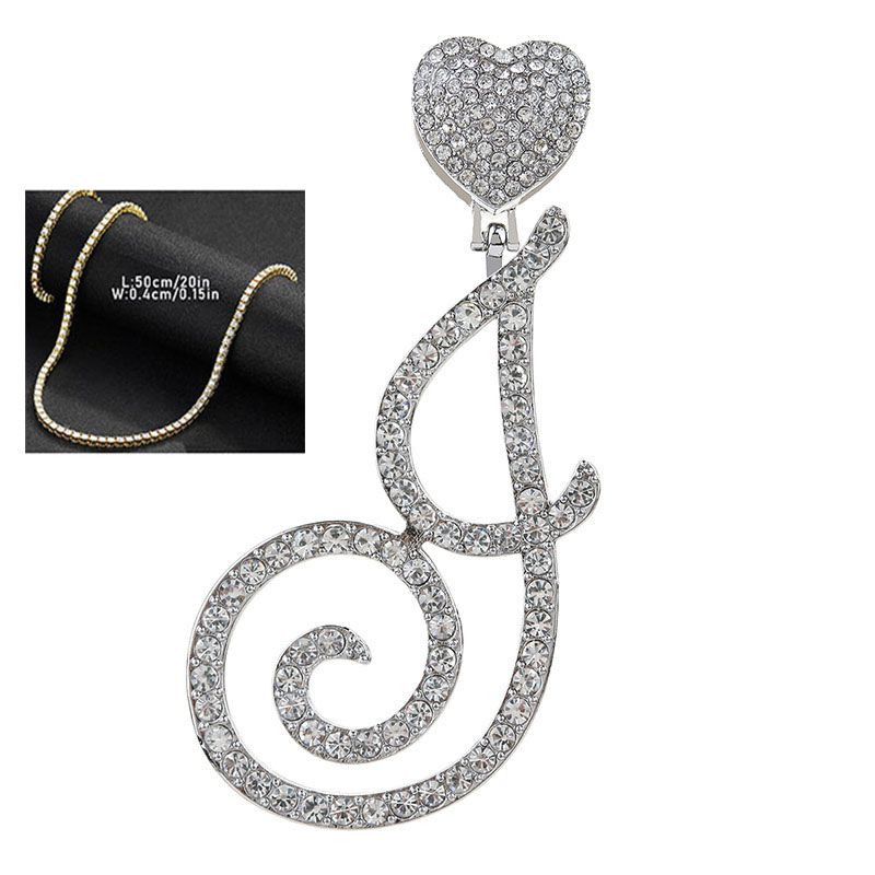 Fashion J Silver 4mm*20inch Gold Tennis Chain + Pendant Alloy Diamond Heart 26 Letter Necklace