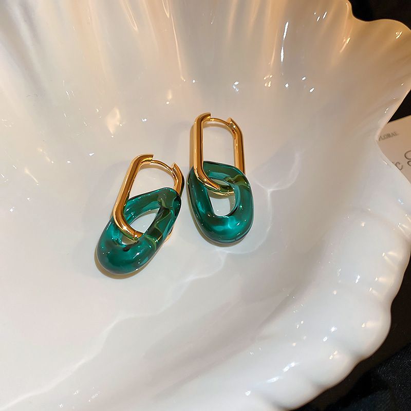 Fashion Earrings-gold-green Resin Oval Geometric Earrings