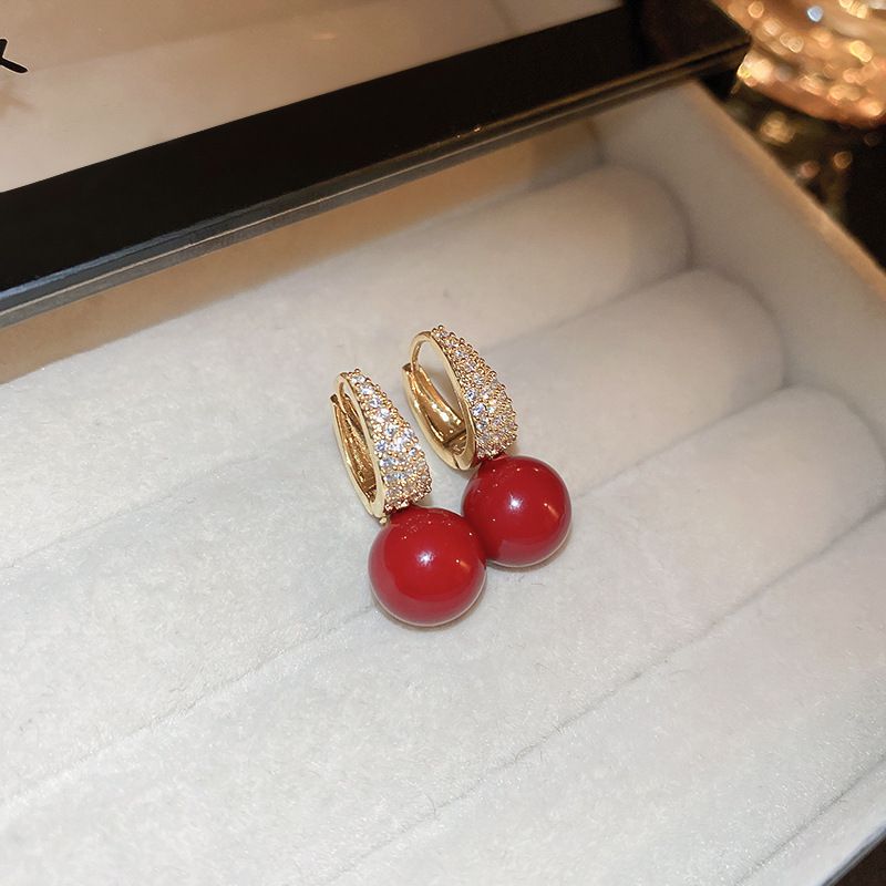Fashion Ear Buckle-gold-red (real Gold Plating) Acrylic Ball Bead Earrings With Diamonds