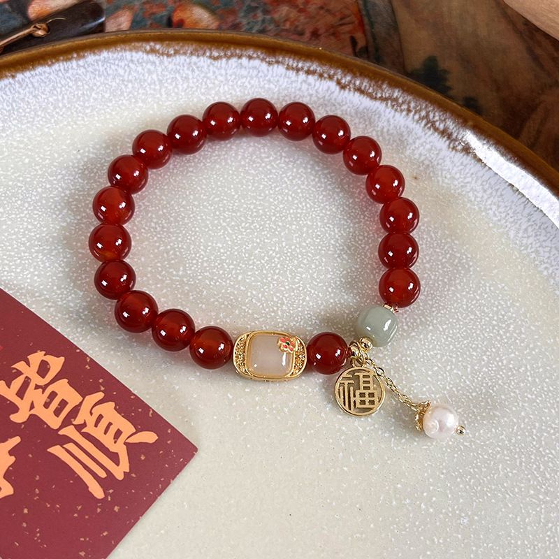 Fashion C Red Agate Fortune Pearl Tassel Style Agate Beaded Lucky Bracelet