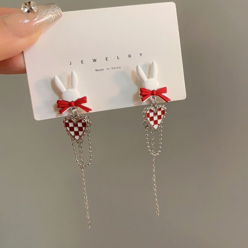 Fashion A Pair Of Long Earrings Alloy Checkerboard Love Bow Rabbit Tassel Earrings