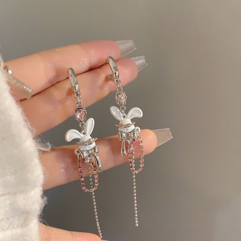 Fashion Silver Alloy Diamond Rabbit Tassel Hoop Earrings