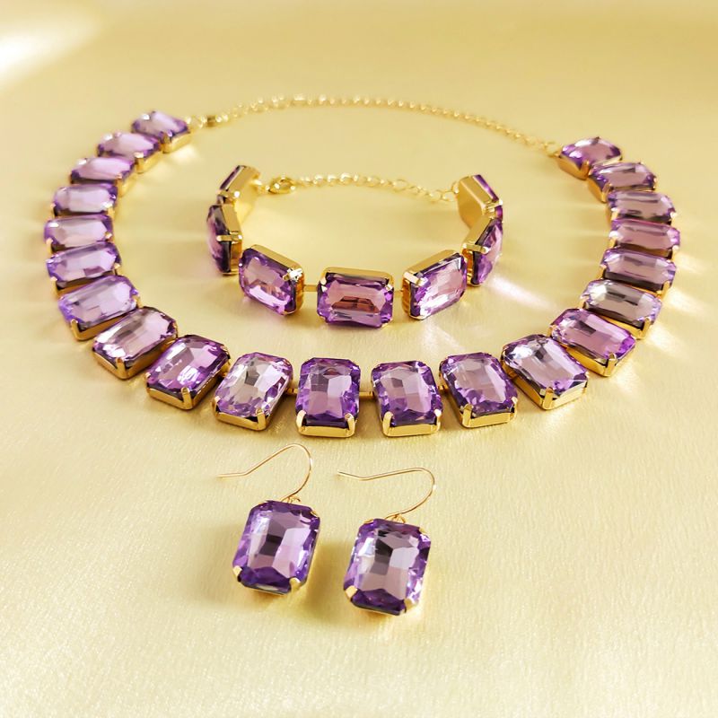 Fashion Purple Geometric Square Rhinestone Necklace Earrings And Bracelet Three-piece Set