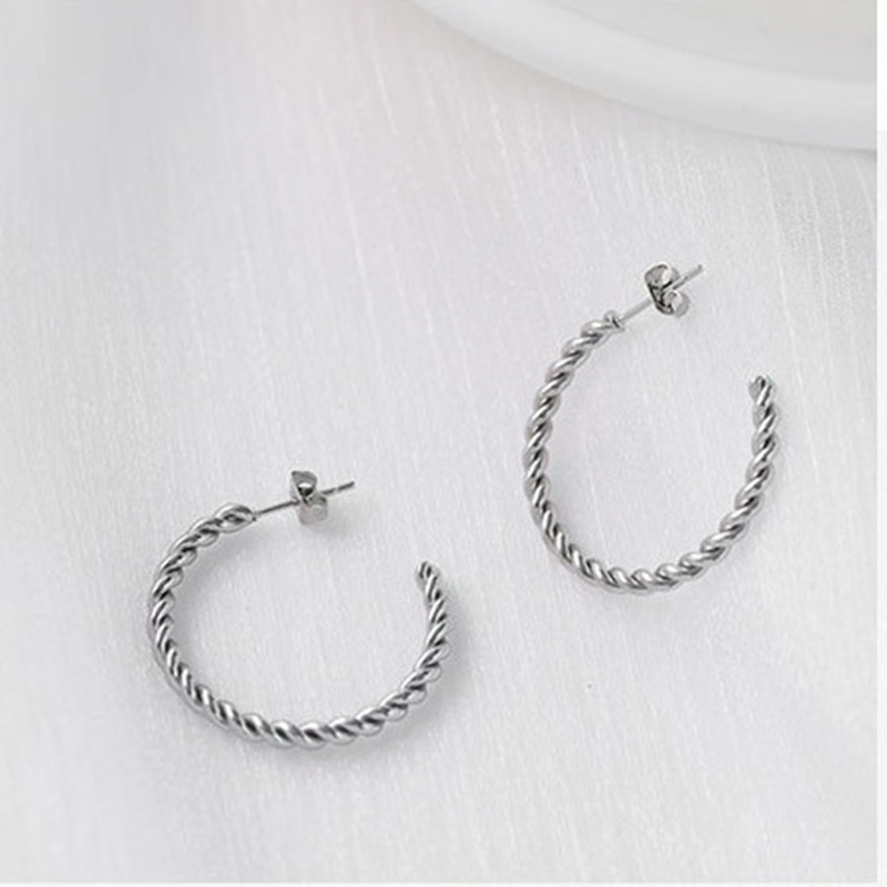 Fashion Silver-30 Large Titanium Steel Twist C-shaped Earrings