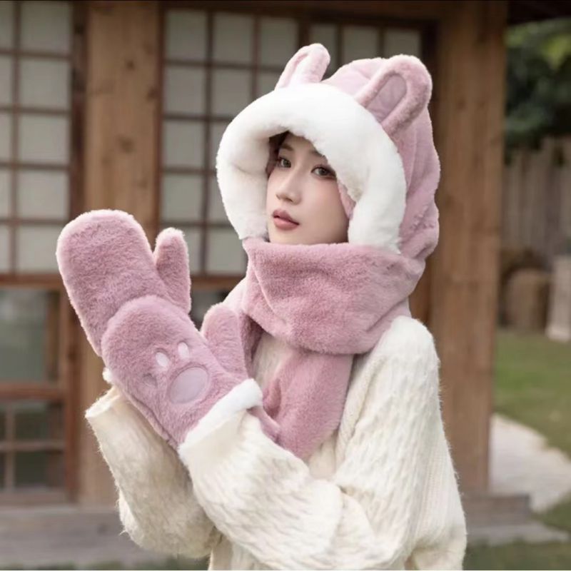 Fashion Gloves Rabbit Powder Imitation Rabbit Fur Cartoon Scarf Gloves One-piece Hood And Three-piece Set