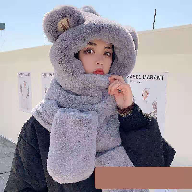 Fashion M Bear Gray Imitation Rabbit Fur Bear Scarf Gloves One-piece Hood And Three-piece Set