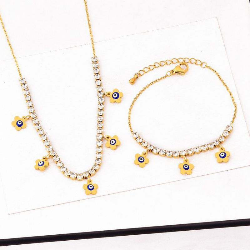 Fashion Five-leaf Flower Set Titanium Steel Diamond Claw Chain Oil Drop Eye Necklace Bracelet Set