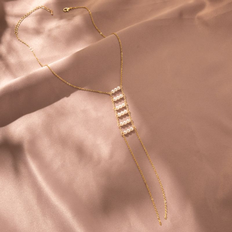 Fashion Gold Metal Pearl Thin Chain Necklace