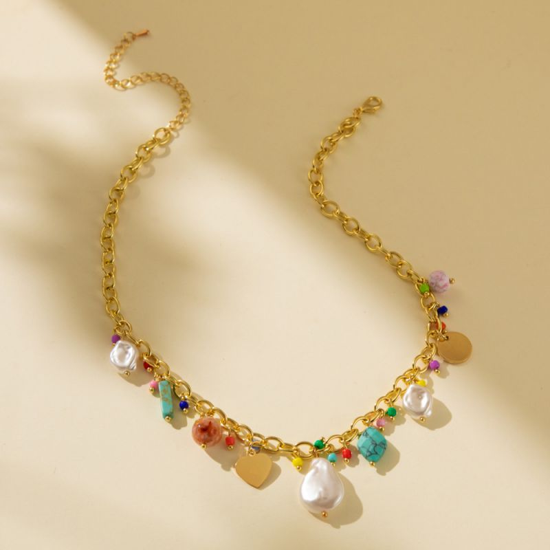 Fashion Gold Colorful Rice Beads And Pearl Shell Necklace