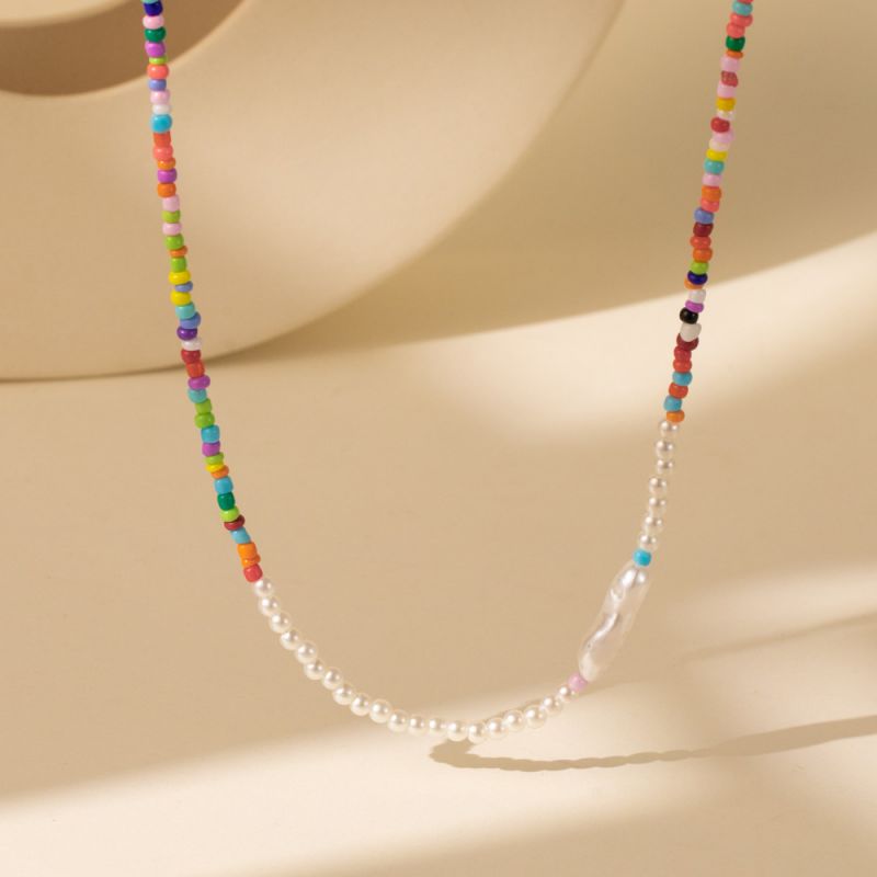 Fashion Color Colorful Rice Beads Stitched Imitation Pearl Bead Necklace