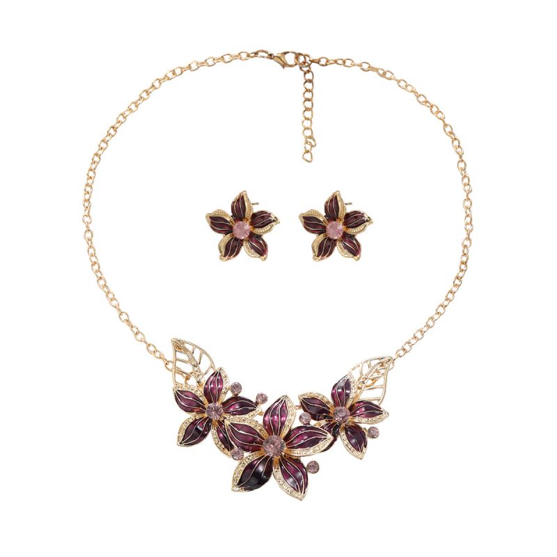 Fashion Purple Alloy Flower Necklace Earring Set