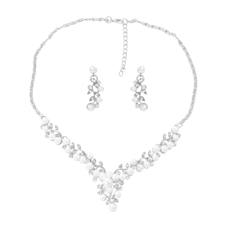 Fashion Silver Alloy Diamond Pearl Earrings Necklace Set