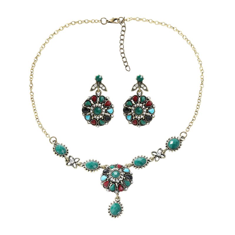 Fashion Color Alloy Diamond Geometric Turquoise Earrings And Necklace Set