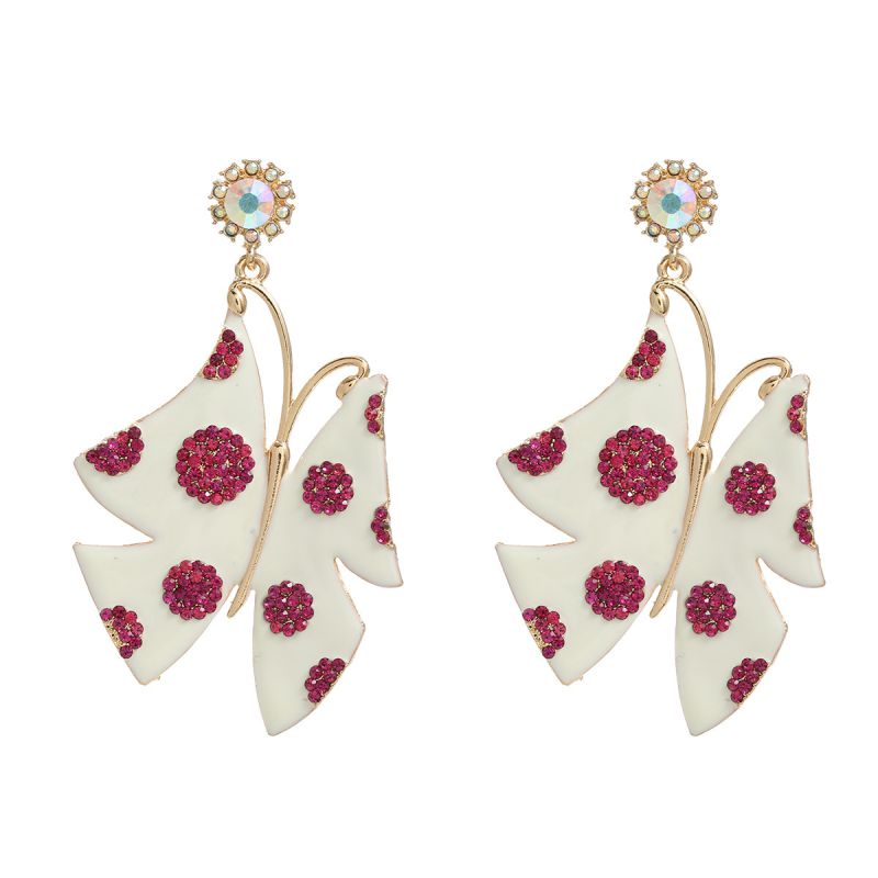 Fashion Rose Red Alloy Diamond-drip Butterfly Earrings