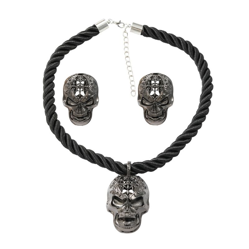 Fashion Black Alloy Skull Earrings And Necklace Set